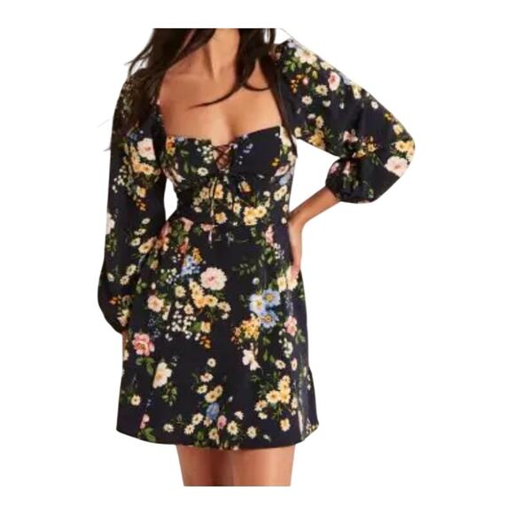 Abercrombie Floral Puff Sleeve Lace-Up Mini Dress NWT Size L Festival - Picture 1 of 5